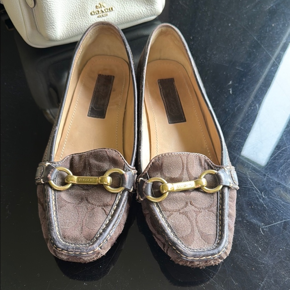Coach Women's Brown Signature Leather & Fabric Loafers